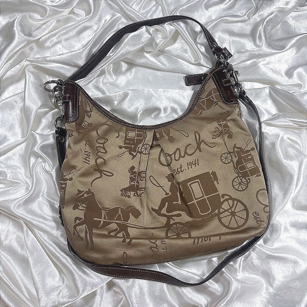 y2k Coach Horse and Carriage Hobo Bag Brown Good Satin Leather F14480